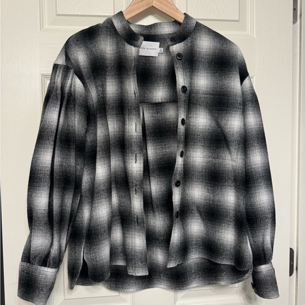 New -Rebecca Minkoff Size XS Black White Plaid Flannel Shirt Shacket Jacket